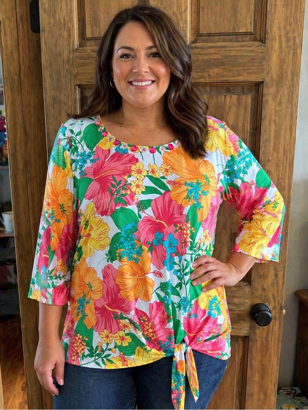 LIKE NEW Ruby Rd. Colorful Floral Blouse with Tie Front XL